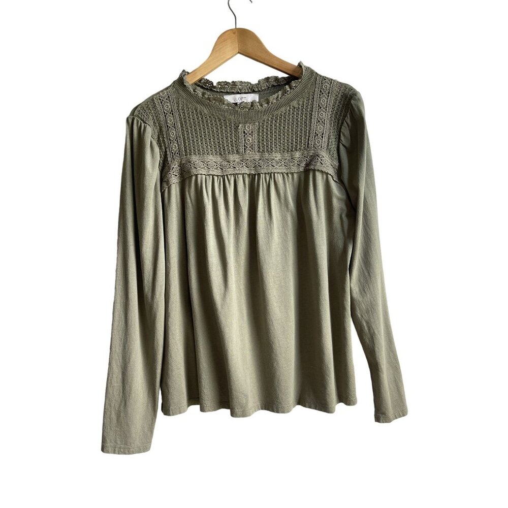 LOFT Crochet Yolk Mock Neck Long Sleeve Green Top Size XL